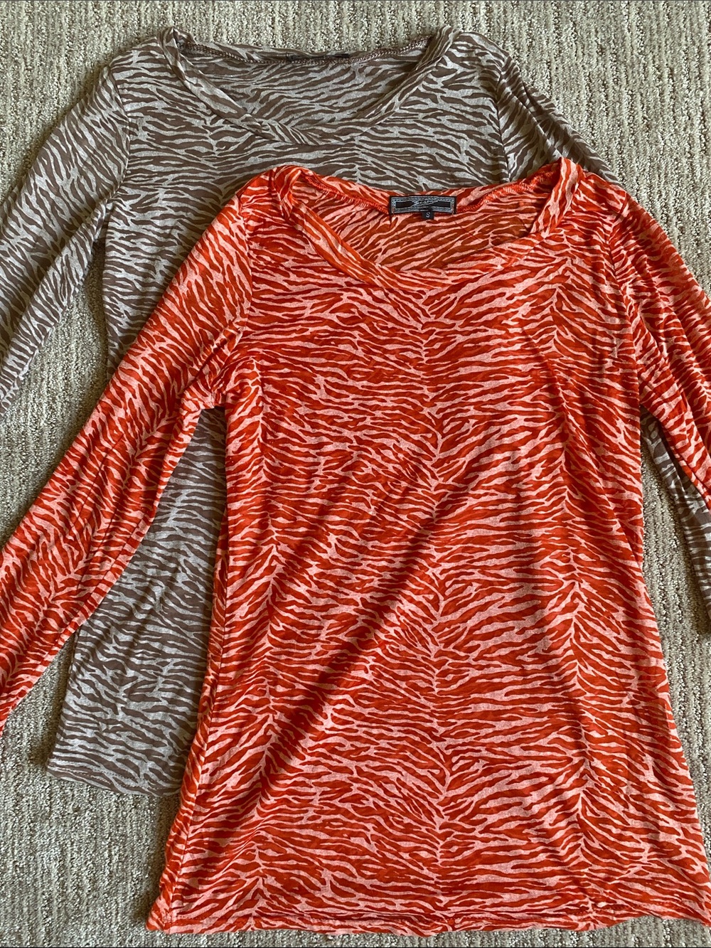 Pair of Y2K Mesh Long-Sleeve Zebra Print Tees Orange and Brown Size Small